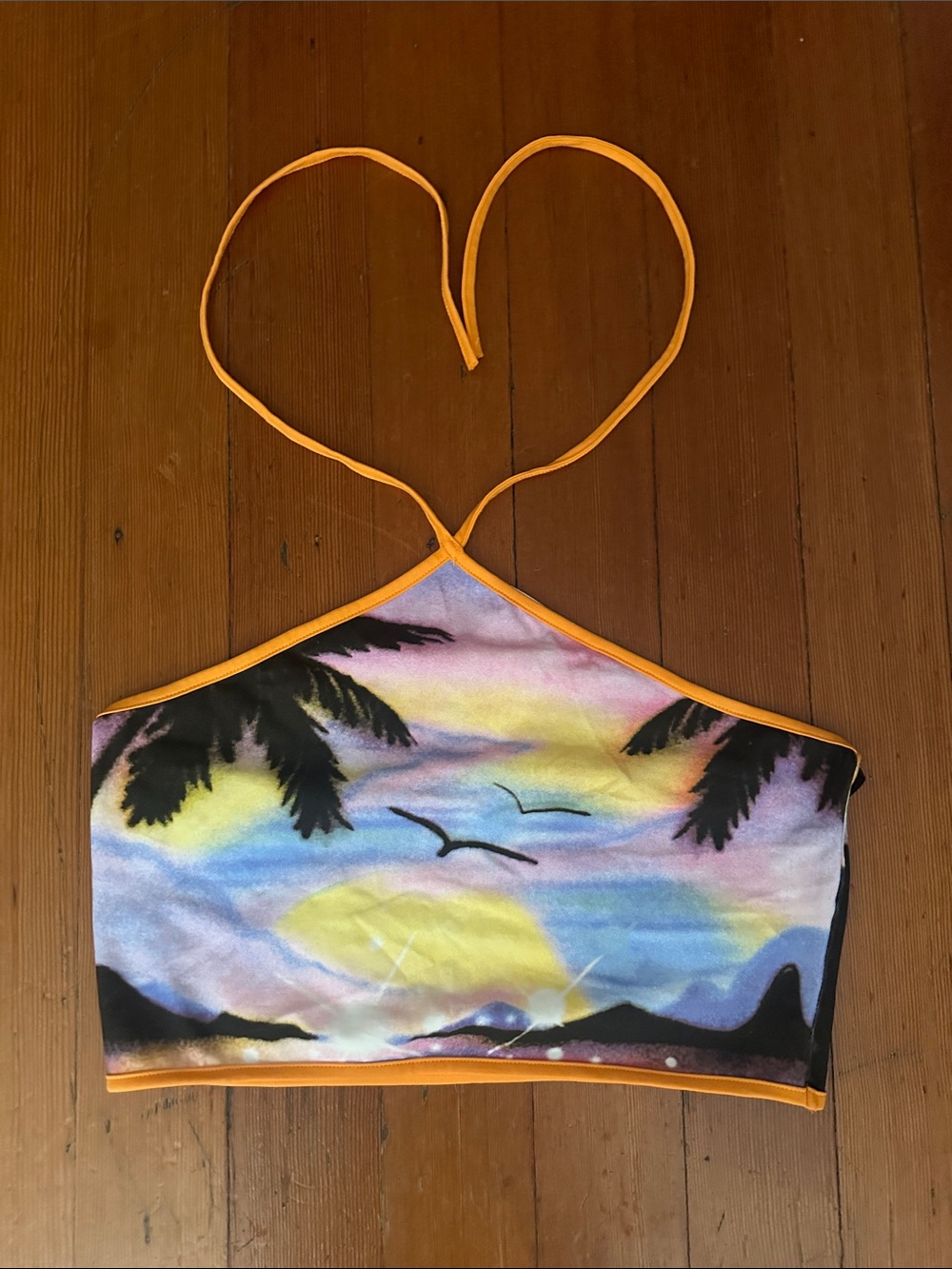Forever 21 Halter Crop Top Tropical Beach Sunset Palm Tree Colorful Graphic